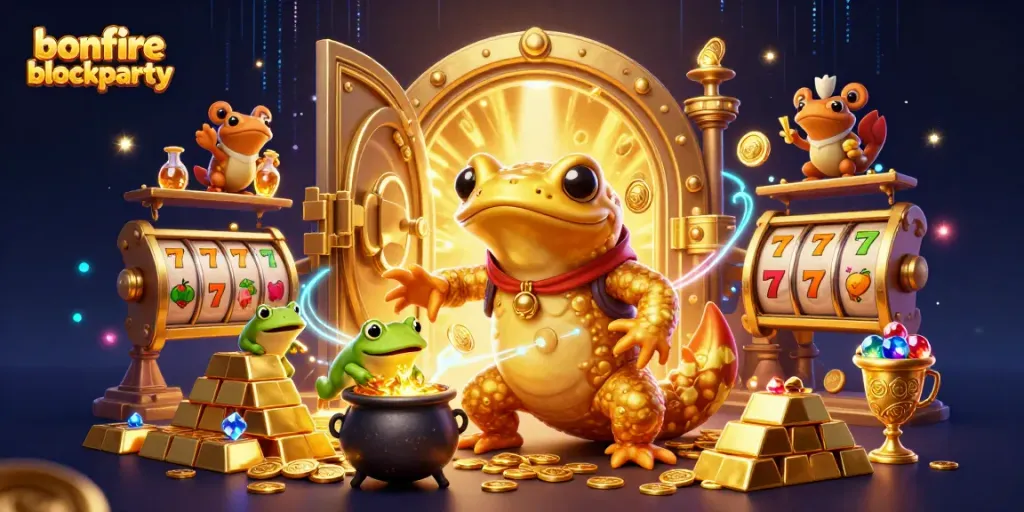 Experience the thrill of bonfireblockparty with our casino illustration showcasing gold, slots, and magical elements.