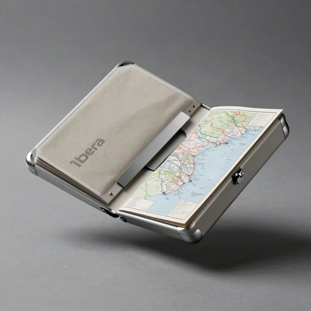 Estuche de expansión Iberia flotando con mapas plegados y separadores bicolor, en estudio.