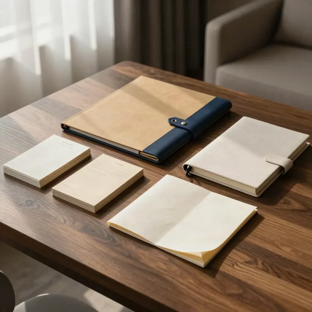 Kit ejecutivo de alineación sobre mesa de hotel con folio, tarjetas y bloc cerrado