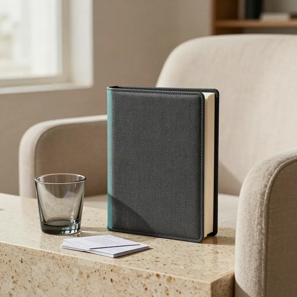 Deck sobrio para fondos junto a butaca de lino, vaso opaco y tarjetas apiladas en sala ejecutiva.